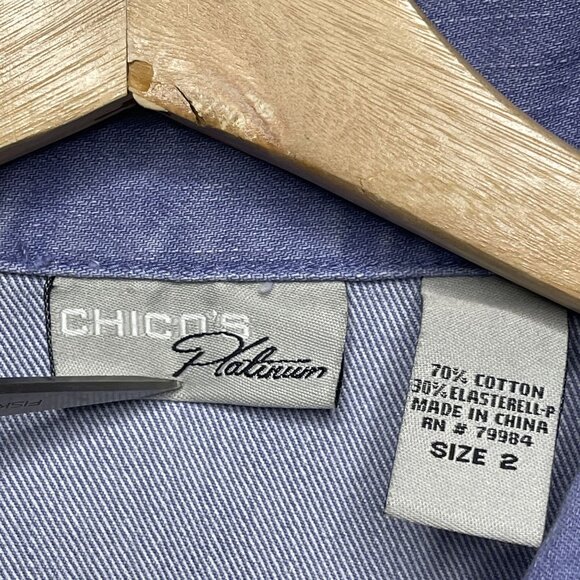 Chicos Platinum Blue Denim Jacket Size 2 With Ruched Sleeves & Button Detail - Picture 2 of 5